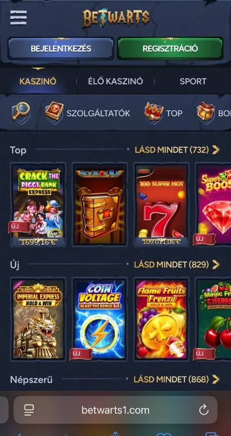 BetWarts mobil nézet 2