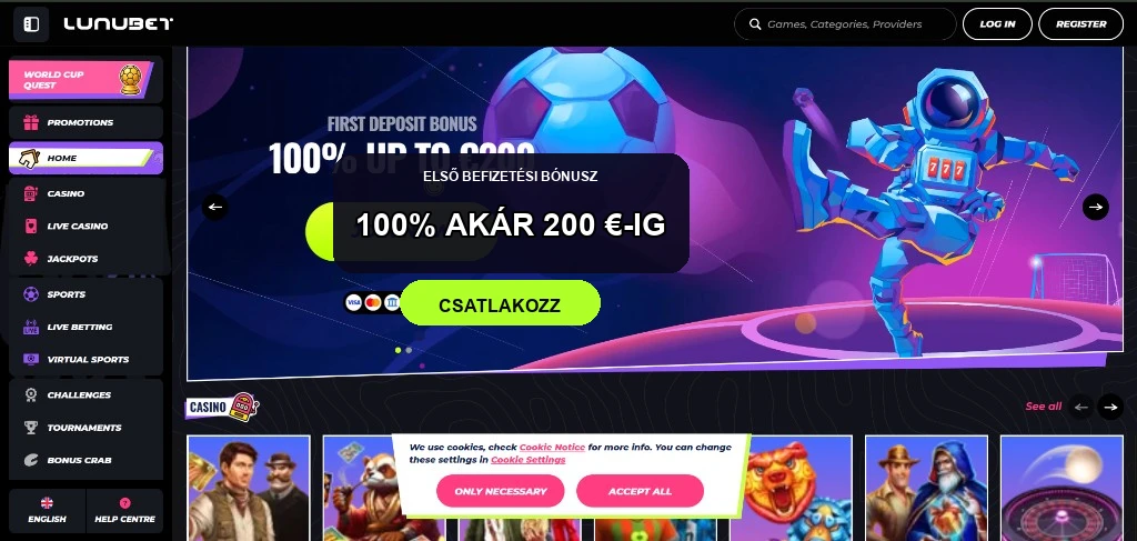 Lunubet desktop kezdőoldal